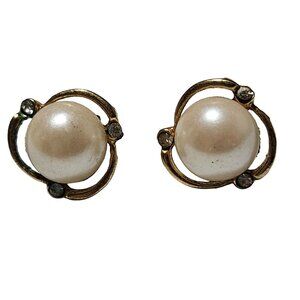 Vintage Faux Pearl Rhinestone Earrings Gold Tone Retro 50s 60s Fashion Jewelry